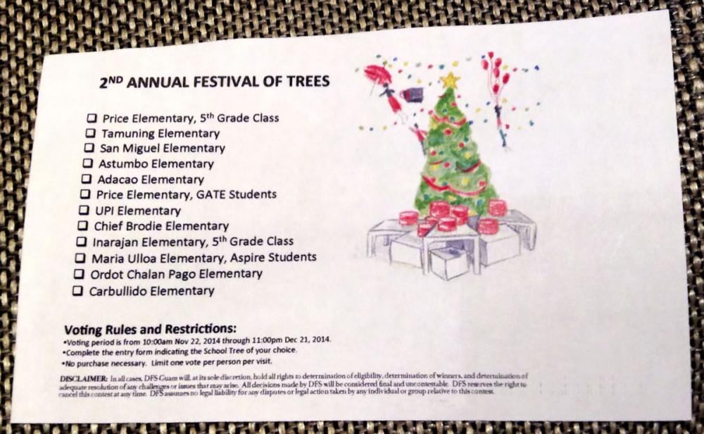 第二回 “Festival of Trees 2014” の投票用紙 (Tギャラリアグアム)